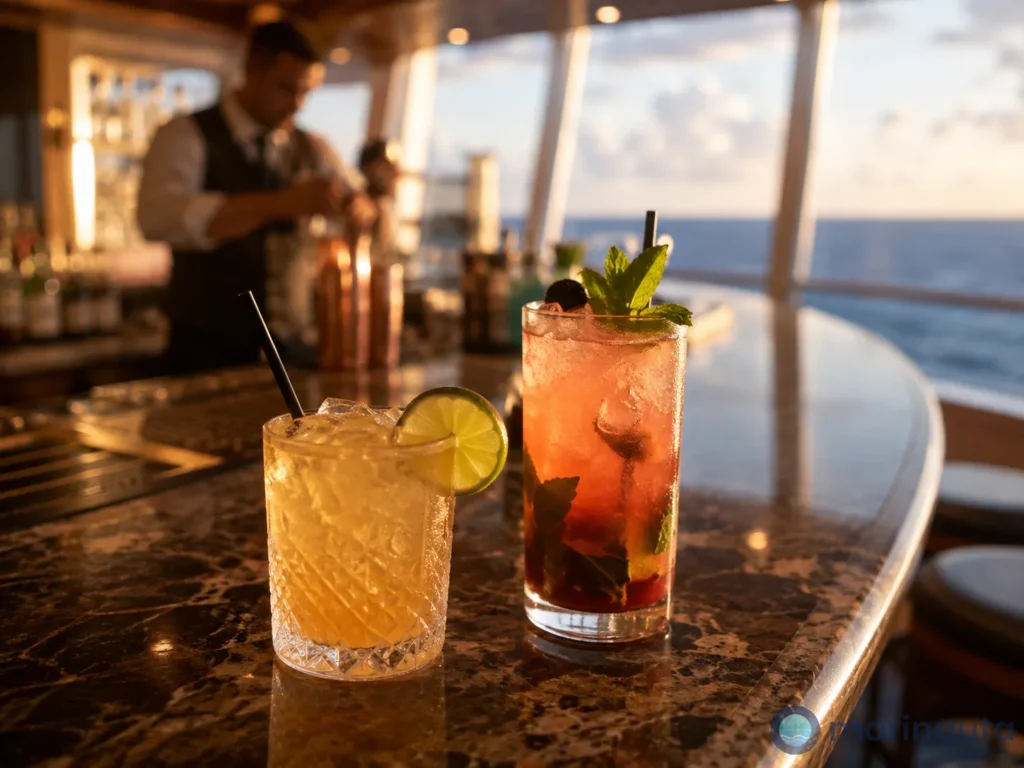 dos cócteles servidos en la barra de un bar a bordo de un crucero