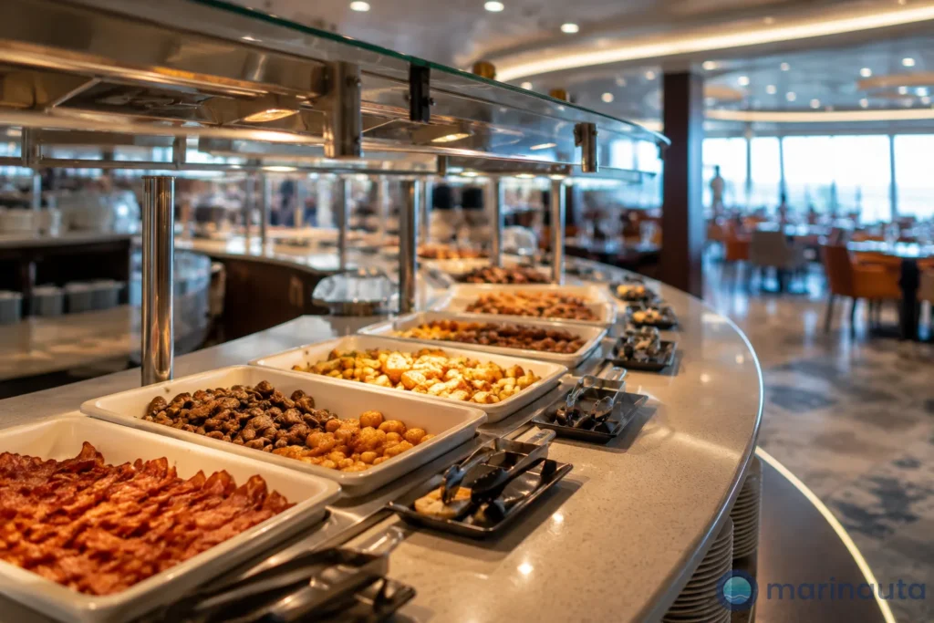 zona de buffet de un crucero con bandejas de comida caliente