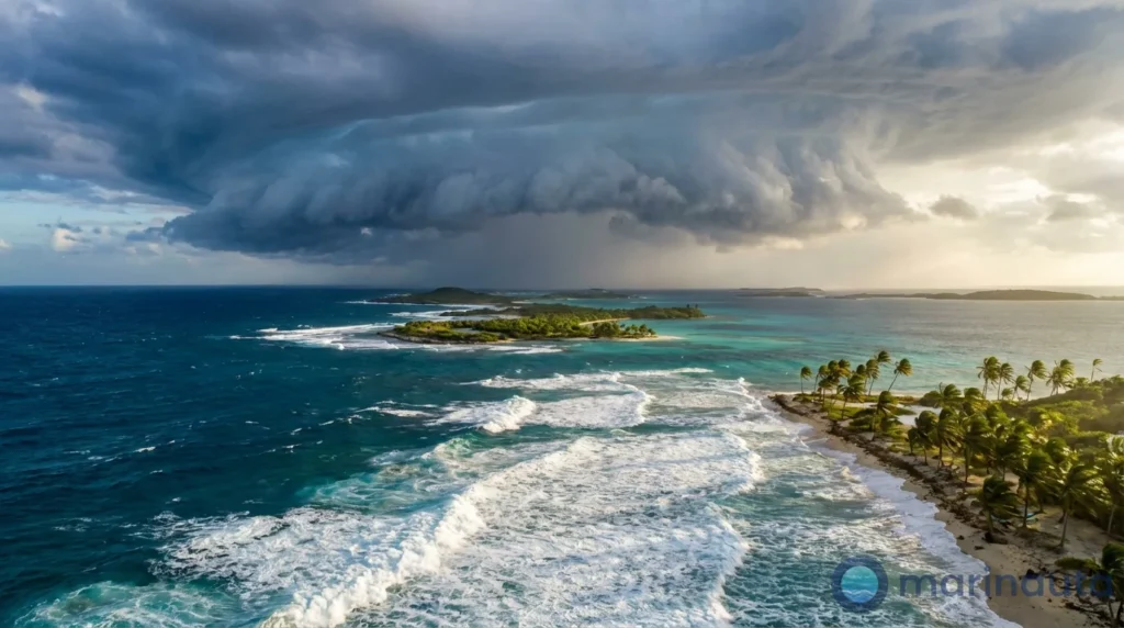 cielo cargado de nubes sobre el mar Caribe, en plena temporada de huracanes