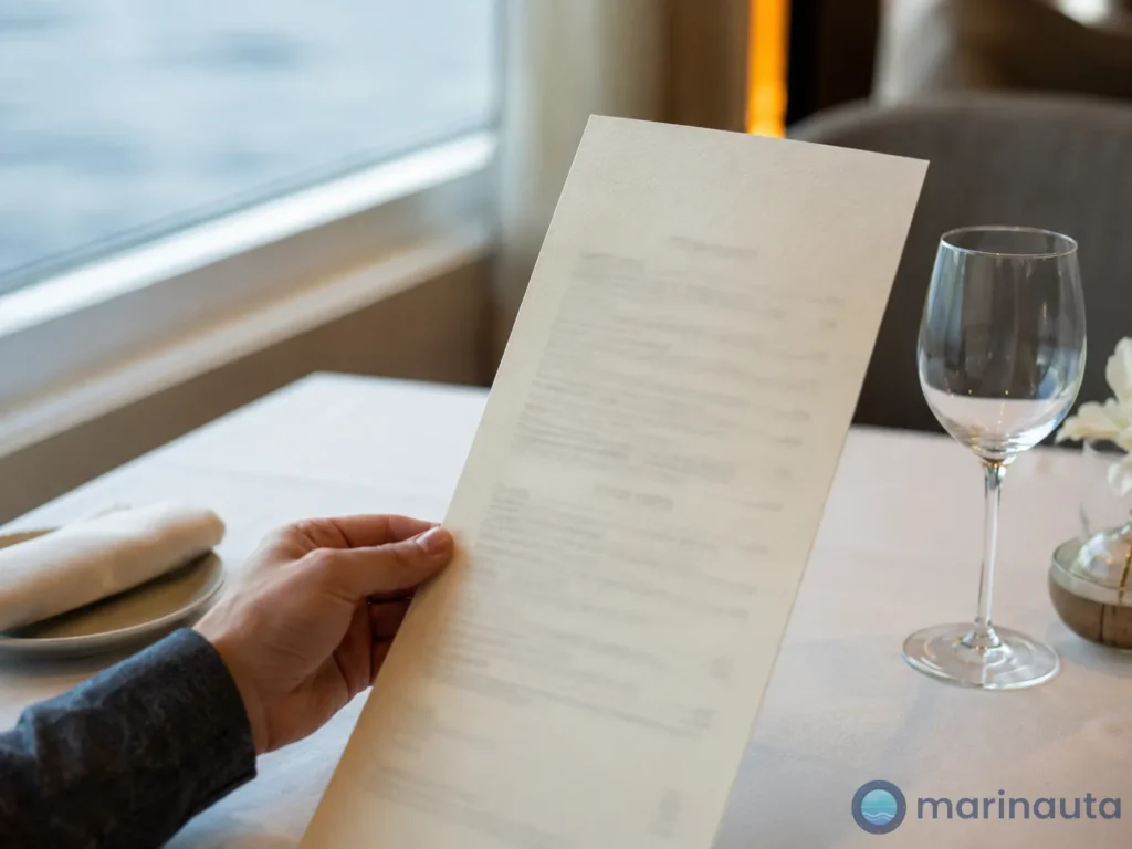 carta de bebidas sobre la mesa de un restaurante a bordo