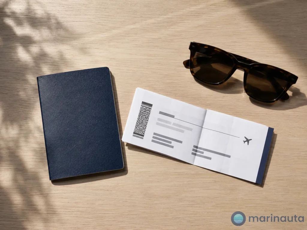 pasaporte y tarjeta de embarque preparados sobre una mesa antes de un crucero