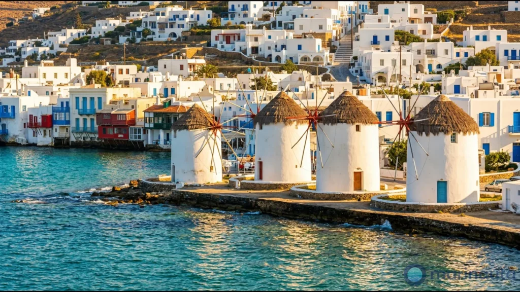 los molinos de Mykonos sobre el puerto, con las casas blancas alrededor