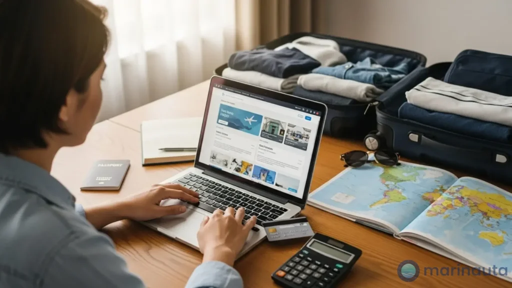 alguien comparando precios de cruceros en un portátil junto a un calendario de enero