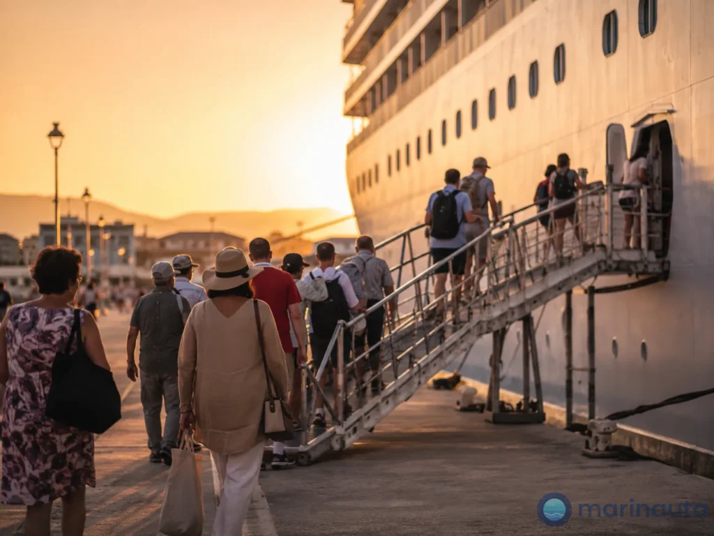 pasajeros regresando al crucero por la pasarela al atardecer